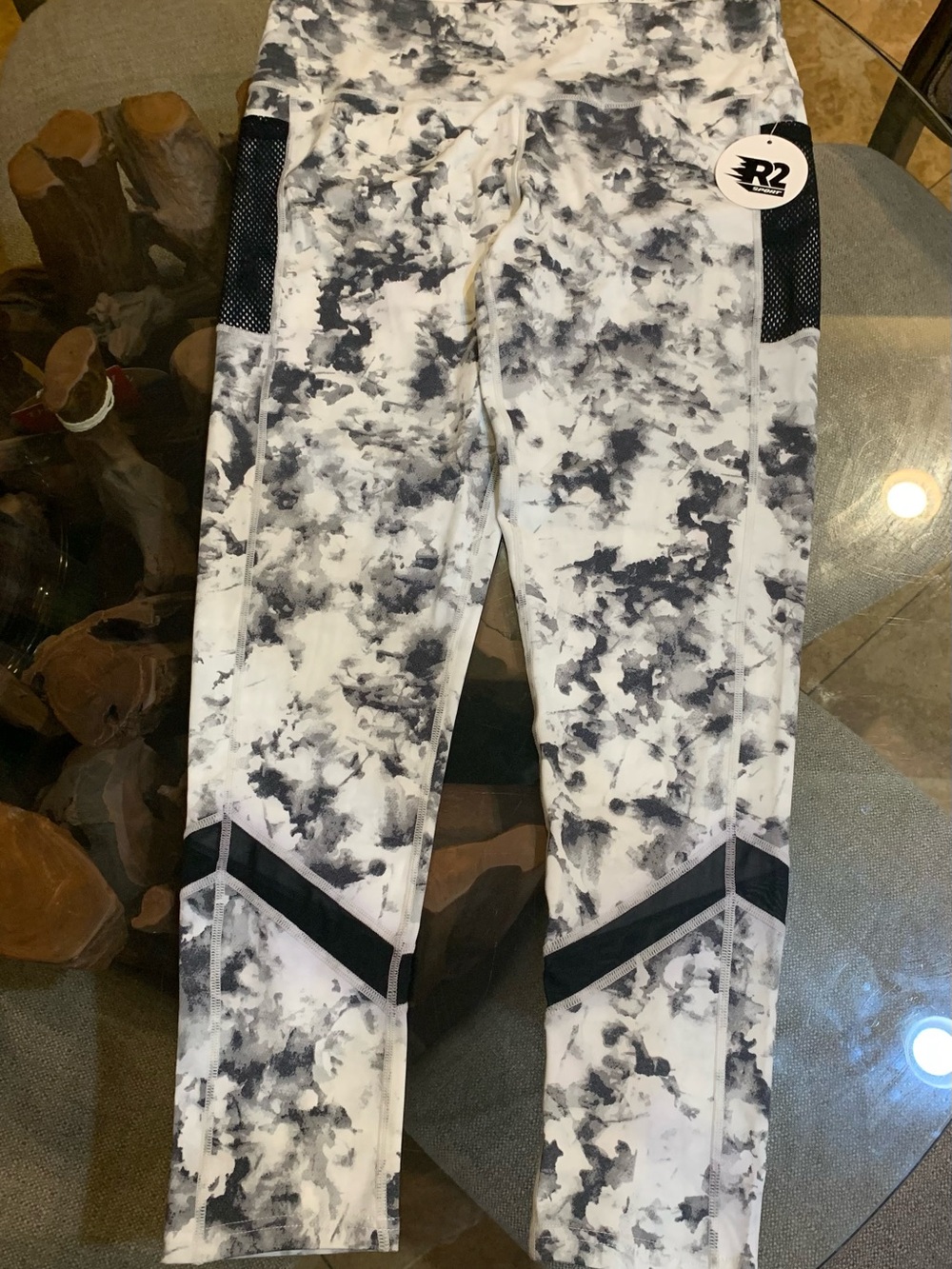 R2 Women’s Black & White Tie-Dye Leggings with Mesh Panels